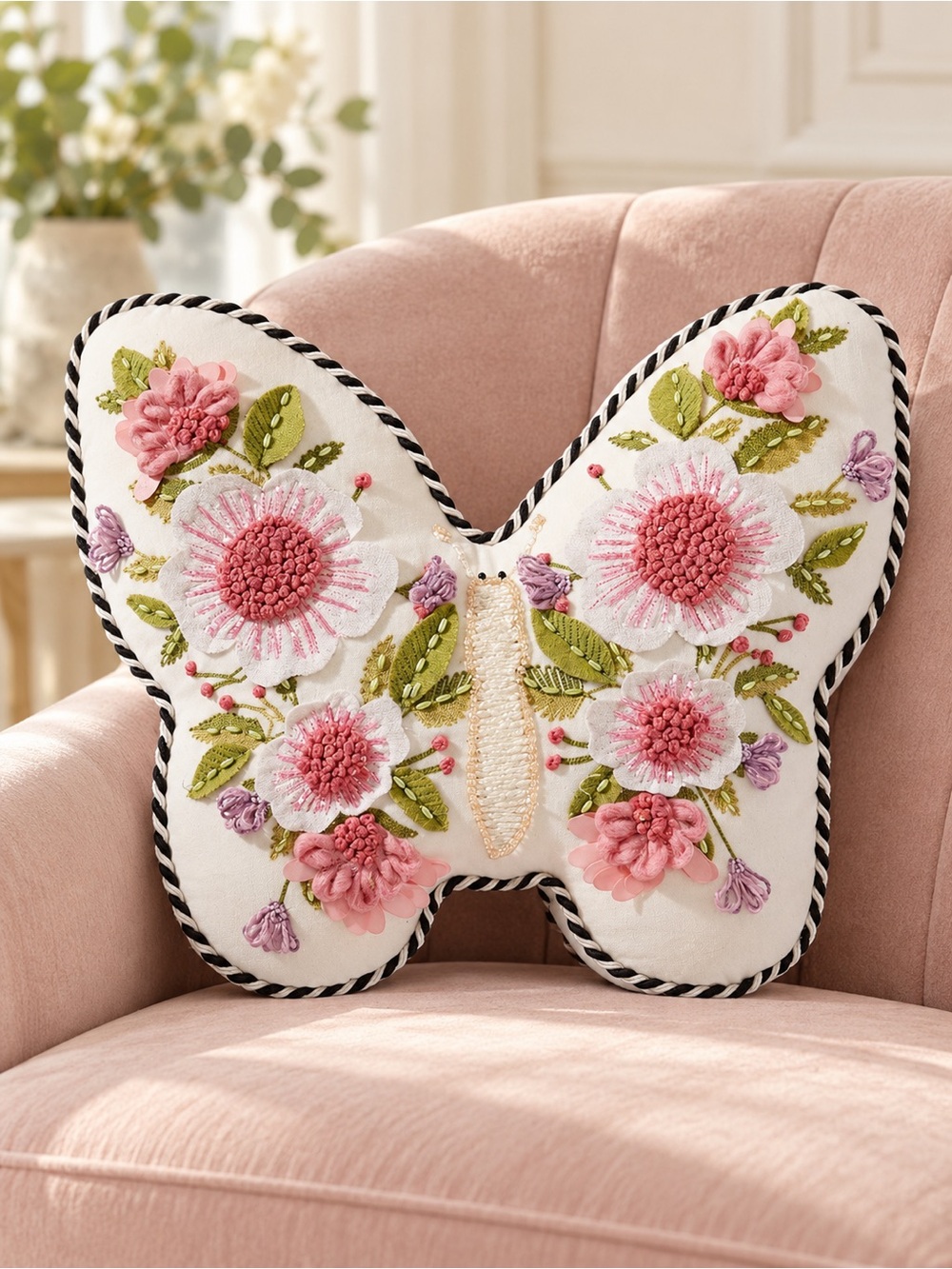 MacKenzie-Childs Butterfly Shaped Floral Beaded Throw Pillow 15 x 19 Decor NWT